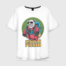 Мужская футболка хлопок Oversize с принтом Кибер Панда в Курске, 100% хлопок | свободный крой, круглый ворот, “спинка” длиннее передней части | art | bear | costume | cyber | drawing | jetpack | panda | planet | арт | кибер | костюм | медведь | панда | планета | реактивный ранец | рисунок