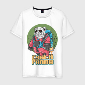 Мужская футболка хлопок с принтом Кибер Панда в Курске, 100% хлопок | прямой крой, круглый вырез горловины, длина до линии бедер, слегка спущенное плечо. | art | bear | costume | cyber | drawing | jetpack | panda | planet | арт | кибер | костюм | медведь | панда | планета | реактивный ранец | рисунок