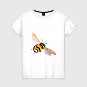 Женская футболка хлопок с принтом Шмель полосатый в Курске, 100% хлопок | прямой крой, круглый вырез горловины, длина до линии бедер, слегка спущенное плечо | Тематика изображения на принте: акварель | желтый | крылья | летать | насекомое | полоски | природа | черный | шмель