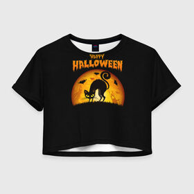 Женская футболка Crop-top 3D с принтом Helloween в Курске, 100% полиэстер | круглая горловина, длина футболки до линии талии, рукава с отворотами | halloween | ведьма | летучая мышь | полнолуние | привидение | призрак | тыква | хеллоуин | хелуин | хэллоин | хэллоуин | хэлоуин | хэлуин | черный кот