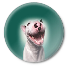 Значок с принтом Bully в Курске,  металл | круглая форма, металлическая застежка в виде булавки | bull terrier | ears | eyes | fangs | jaw | muzzle | nose | smile | бультерьер | глаза | клыки | нос | пасть | улыбка | уши