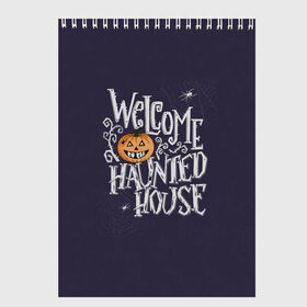 Скетчбук с принтом Halloween. Haunted house. в Курске, 100% бумага
 | 48 листов, плотность листов — 100 г/м2, плотность картонной обложки — 250 г/м2. Листы скреплены сверху удобной пружинной спиралью | 31 октября | halloween | purple | scary | to the haunted house | welcome | буквы | день всех святых | дом с привидениями | каллиграфия | леттеринг | надпись | октябрь | осень | праздник | привидение | призрак | тыква | ужас
