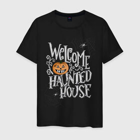 Мужская футболка хлопок с принтом Welcome to the haunted house в Курске, 100% хлопок | прямой крой, круглый вырез горловины, длина до линии бедер, слегка спущенное плечо. | Тематика изображения на принте: 31 октября | halloween | purple | scary | to the haunted house | welcome | буквы | день всех святых | дом с привидениями | каллиграфия | леттеринг | надпись | октябрь | осень | праздник | привидение | призрак | тыква | ужас