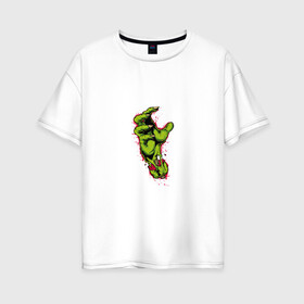 Женская футболка хлопок Oversize с принтом рука зомби в Курске, 100% хлопок | свободный крой, круглый ворот, спущенный рукав, длина до линии бедер
 | зеленая ручища | зомбарь | зомби | кисть руки | рука | хэллоуин
