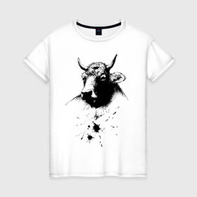 Женская футболка хлопок с принтом Бык в Курске, 100% хлопок | прямой крой, круглый вырез горловины, длина до линии бедер, слегка спущенное плечо | 2021 | бык | год быка | год коровы | новый год | символ года