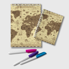 Блокнот с принтом Карта мира в Курске, 100% бумага | 48 листов, плотность листов — 60 г/м2, плотность картонной обложки — 250 г/м2. Листы скреплены удобной пружинной спиралью. Цвет линий — светло-серый
 | география | карта | карта мира | корабли | моряки