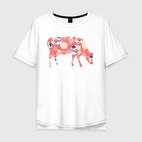 Мужская футболка хлопок Oversize с принтом корова с цветами в Курске, 100% хлопок | свободный крой, круглый ворот, “спинка” длиннее передней части | Тематика изображения на принте: 2021 | бык | год быка | год коровы | корова | новый год | символ года