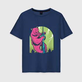 Женская футболка хлопок Oversize с принтом Медведь Кинг Конг в Курске, 100% хлопок | свободный крой, круглый ворот, спущенный рукав, длина до линии бедер
 | art | bear | city | illustration | king | kong | lightnings | parody | pink | skyscraper | smile | tower | urban | арт | башня | вышка | город | добрый | залез | залезает | иллюстрация | мишка | молнии | пародия | прикол | розовый