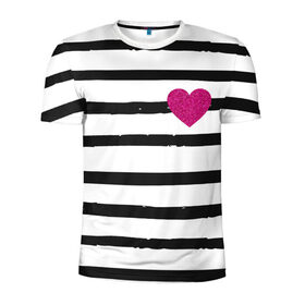 Мужская футболка 3D спортивная с принтом Сердце с полосками в Курске, 100% полиэстер с улучшенными характеристиками | приталенный силуэт, круглая горловина, широкие плечи, сужается к линии бедра | любовь | милый | модный | полоски | розовый | семья | сердце | чёрный