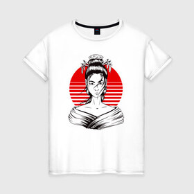 Женская футболка хлопок с принтом Гейша в Курске, 100% хлопок | прямой крой, круглый вырез горловины, длина до линии бедер, слегка спущенное плечо | anime | art | beauty | geisha | japan | japanese | manga | trend | woman | аниме | арт | восходящее | дневник | дневники | женщина | иллюстрация | искусство | красное | красота | манга | мода | портрет | символ | солнце | страна
