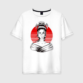 Женская футболка хлопок Oversize с принтом Гейша в Курске, 100% хлопок | свободный крой, круглый ворот, спущенный рукав, длина до линии бедер
 | anime | art | beauty | geisha | japan | japanese | manga | trend | woman | аниме | арт | восходящее | дневник | дневники | женщина | иллюстрация | искусство | красное | красота | манга | мода | портрет | символ | солнце | страна