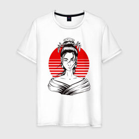 Мужская футболка хлопок с принтом Гейша в Курске, 100% хлопок | прямой крой, круглый вырез горловины, длина до линии бедер, слегка спущенное плечо. | anime | art | beauty | geisha | japan | japanese | manga | trend | woman | аниме | арт | восходящее | дневник | дневники | женщина | иллюстрация | искусство | красное | красота | манга | мода | портрет | символ | солнце | страна