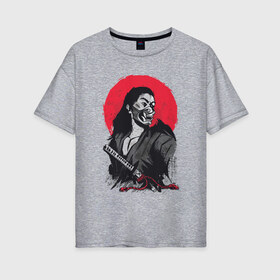 Женская футболка хлопок Oversize с принтом Японский Воин Самурай в Курске, 100% хлопок | свободный крой, круглый ворот, спущенный рукав, длина до линии бедер
 | art | blade | blood | illustration | japan | japanese | katana | mask | moon | ronin | samurai | sekiro | shogun | sword | tsushima | warrior | арт | в маске | иллюстрация | катана | кровавая | луна | мерч | меч | отступник | ронин | сегун |