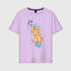 Женская футболка хлопок Oversize с принтом Кот Аквалангист в Курске, 100% хлопок | свободный крой, круглый ворот, спущенный рукав, длина до линии бедер
 | aqualung | art | cat | cool | diving | kitten | kitty | pussy | pussycat | retro | scuba | акваланг | альфа | арт | винтаж | винтажная | дайвер | дайвинг | иллюстрация | киса | котик | котяра | кошка | крутой | кусь | под водой | прикол | рет
