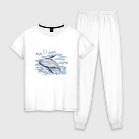 Женская пижама хлопок с принтом Синий Кит в Курске, 100% хлопок | брюки и футболка прямого кроя, без карманов, на брюках мягкая резинка на поясе и по низу штанин | big | blue | dik | great | moby | ocean | sea | sun | wave | waves | whale | великий | волна | волны | день моря | день океана | дик | китобой | киты | левиафан | люблю китов | млекопитающее | моби | моби дик | море | морское чудовище 
