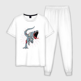 Мужская пижама хлопок с принтом Zombie T-Rex в Курске, 100% хлопок | брюки и футболка прямого кроя, без карманов, на брюках мягкая резинка на поясе и по низу штанин
 | danger | dead | fear | halloween | horror | hunter | monster | predator | бежит | зомбак | зомби | мертвый | монстр | охотник | палеонтолог | палеонтология | ти рекс | тираннозавр | тиранозавр | труп | ужас | хищник | хоррор | чудо