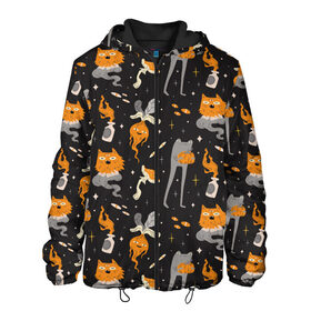 Мужская куртка 3D с принтом Halloween Monsters в Курске, ткань верха — 100% полиэстер, подклад — флис | прямой крой, подол и капюшон оформлены резинкой с фиксаторами, два кармана без застежек по бокам, один большой потайной карман на груди. Карман на груди застегивается на липучку | angry | art | cat | creatures | flame | grumpy | horror | kitten | kitty | merch | pussy | pussycat | арт | грибы | злые | иллюстрация | котенок | кошка | кринж | мерч | монстры | наряд | недовольные | огонь | паттерн | сердитые | создания