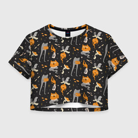 Женская футболка Crop-top 3D с принтом Halloween Monsters в Курске, 100% полиэстер | круглая горловина, длина футболки до линии талии, рукава с отворотами | angry | art | cat | creatures | flame | grumpy | horror | kitten | kitty | merch | pussy | pussycat | арт | грибы | злые | иллюстрация | котенок | кошка | кринж | мерч | монстры | наряд | недовольные | огонь | паттерн | сердитые | создания