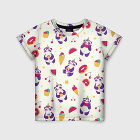 Детская футболка 3D с принтом Панды Единороги в Курске, 100% гипоаллергенный полиэфир | прямой крой, круглый вырез горловины, длина до линии бедер, чуть спущенное плечо, ткань немного тянется | cherry | donut | food | funny | ice cream | panda | pandas | pop corn | rainbow | watermelon | арбуз | вишня | еда | единорог | единороги | звездочки | звезды | мороженое | панда | пандочка | пандочки | пончик | пончики | попкорн | радуга | с