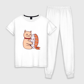 Женская пижама хлопок с принтом Котик обнимается с суши в Курске, 100% хлопок | брюки и футболка прямого кроя, без карманов, на брюках мягкая резинка на поясе и по низу штанин | cat | cats | cute | hug | hugs | kawaii | kitten | kitty | neko | nigiri | pussy | pussycat | sushi | арт | кавайи | кавайный | киса | киска | кот | котенок | котики | котята | кошка | кошки | милота | милые | милый | неко | нигири | обнимашк