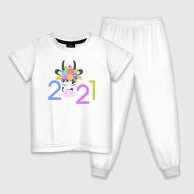 Детская пижама хлопок с принтом 2021 в Курске, 100% хлопок |  брюки и футболка прямого кроя, без карманов, на брюках мягкая резинка на поясе и по низу штанин
 | Тематика изображения на принте: 2021 | бык | год быка | год коровы | новый год | символ года
