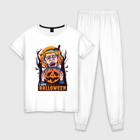 Женская пижама хлопок с принтом I hate halloween в Курске, 100% хлопок | брюки и футболка прямого кроя, без карманов, на брюках мягкая резинка на поясе и по низу штанин | bat | bats | clerc | human | killer | pumpkin | vampire | zombie | вампир | вурдалак | зомби | интроверт | кладбище | клерк | летучие мыши | мерч | не наш праздник | ненавижу | ненависть | тыква | тыквенная голова | убил | хеллоуи