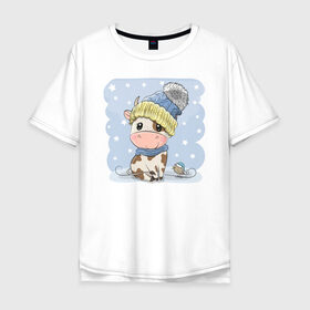 Мужская футболка хлопок Oversize с принтом бычок в зимней шапке в Курске, 100% хлопок | свободный крой, круглый ворот, “спинка” длиннее передней части | 2021 | бык | год быка | год коровы | новый год | символ года