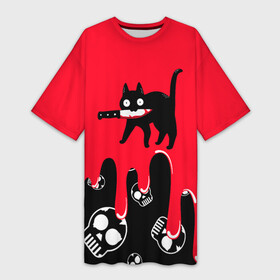 Платье-футболка 3D с принтом WHAT CAT в Курске,  |  | art | black | black cat | cat | dark | dark cat | halloween | what | what cat | what mem | арт | кот | кот арт | кот мем | мем | нож | праздник | прикол | прикольный кот | убица | хэллоуин | чёрный | чёрный кот | что | что мем