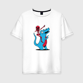 Женская футболка хлопок Oversize с принтом Скелет верхом на динозавре в Курске, 100% хлопок | свободный крой, круглый ворот, спущенный рукав, длина до линии бедер
 | art | blue | dab | dabbing | dino | dinosaur | halloween | red | skelet | skeleton | t rex | арт | даб | дэб | дэббинг | красный | на стиле | праздник | прикол | синий | стиль | танец | танцует | тираннозавр | тиранозавр | тирекс | тренд |