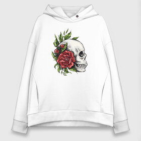 Женское худи Oversize хлопок с принтом Череп и Роза в Курске, френч-терри — 70% хлопок, 30% полиэстер. Мягкий теплый начес внутри —100% хлопок | боковые карманы, эластичные манжеты и нижняя кромка, капюшон на магнитной кнопке | art | bones | fashion | flowers | jolly roger | rose | roses | skeleton | skull | skulls | smile | smiling | арт | ваза | иллюстрация | кости | лепестки | листья | мода | рисунок | роза | розы | скелет | стиль | тренд | улыбающийся | улыбка | ч