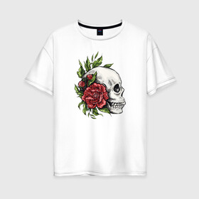 Женская футболка хлопок Oversize с принтом Череп и Роза в Курске, 100% хлопок | свободный крой, круглый ворот, спущенный рукав, длина до линии бедер
 | art | bones | fashion | flowers | jolly roger | rose | roses | skeleton | skull | skulls | smile | smiling | арт | ваза | иллюстрация | кости | лепестки | листья | мода | рисунок | роза | розы | скелет | стиль | тренд | улыбающийся | улыбка | ч