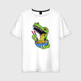 Женская футболка хлопок Oversize с принтом Ти Рекс ест Рамен в Курске, 100% хлопок | свободный крой, круглый ворот, спущенный рукав, длина до линии бедер
 | anime | cute | dino | dinosaur | kanji | kawaii | manga | rex | sushi | t rex | анимешный | грааль | динозаврик | иероглифы | катакана | кушает | лапша | макароны | манга | милота | милый | повелитель | рамен | рекс | суп | суши