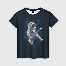 Женская футболка 3D с принтом Космонавт с гитарой в Курске, 100% полиэфир ( синтетическое хлопкоподобное полотно) | прямой крой, круглый вырез горловины, длина до линии бедер | арт | астронавт | гитара | гитарист | звезда | звёзды | космонавт | космос | ночь | рисунок | скафандр