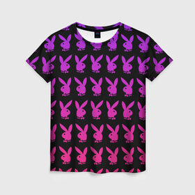 Женская футболка 3D с принтом playboy в Курске, 100% полиэфир ( синтетическое хлопкоподобное полотно) | прямой крой, круглый вырез горловины, длина до линии бедер | black | pink | playboy | violet | плейбой | розовый | фиолетовый. | черный