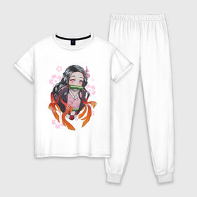 Женская пижама хлопок с принтом NEDZUKO в Курске, 100% хлопок | брюки и футболка прямого кроя, без карманов, на брюках мягкая резинка на поясе и по низу штанин | Тематика изображения на принте: kimetsu no yaiba | nezuko | shinobu kocho | zenitsu | аниме | зенитсу | зенитцу | зеницу агацума | клинок рассекающий демонов | комадо | недзуко | незуко | нэзуко | танджиро камадо | шинобу кочо demon slayer