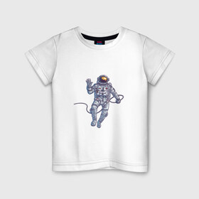 Детская футболка хлопок с принтом Привет от космонавта в Курске, 100% хлопок | круглый вырез горловины, полуприлегающий силуэт, длина до линии бедер | Тематика изображения на принте: арт | астронавт | космонавт | космос | невесомость | передаёт привет | привет | рисунок | скафандр