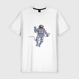 Мужская футболка хлопок Slim с принтом Привет от космонавта в Курске, 92% хлопок, 8% лайкра | приталенный силуэт, круглый вырез ворота, длина до линии бедра, короткий рукав | арт | астронавт | космонавт | космос | невесомость | передаёт привет | привет | рисунок | скафандр