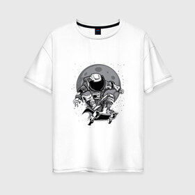 Женская футболка хлопок Oversize с принтом Космический скейт в Курске, 100% хлопок | свободный крой, круглый ворот, спущенный рукав, длина до линии бедер
 | арт | астронавт | звезда | звёзды | космический отдых | космонавт | космос | ночь | рисунок | скафандр | скейт | скейтборд