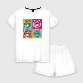 Женская пижама с шортиками хлопок с принтом Тигр поп-арт в Курске, 100% хлопок | футболка прямого кроя, шорты свободные с широкой мягкой резинкой | 
