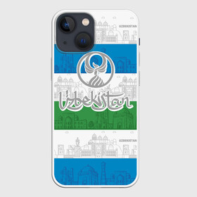 Чехол для iPhone 13 mini с принтом Узбекистан в Курске,  |  | architecture | city | crescent | eagle | flag | republic | silhouette | stars | uzbekistan | архитектура | город | звезды | орел | полумесяц | республика | силуэт | узбекистан | флаг