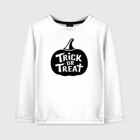 Детский лонгслив хлопок с принтом Trick or Treat в Курске, 100% хлопок | круглый вырез горловины, полуприлегающий силуэт, длина до линии бедер | 31 октября | halloween | halowen | ведьма | день всех святых | джек | костюм | кровь | лого | монстр | надпись | праздник | приведение | призрак | светильник | символ | страшная | тыква | ужасы | хеллоуин | хеллуин