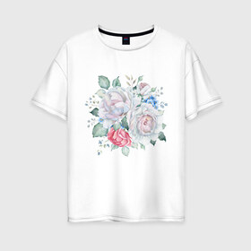 Женская футболка хлопок Oversize с принтом Букет белые розы в Курске, 100% хлопок | свободный крой, круглый ворот, спущенный рукав, длина до линии бедер
 | белые розы | букет | лето | нежность | цветы