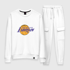 Женский костюм хлопок с принтом Lakers - James в Курске, 100% хлопок | на свитшоте круглая горловина, мягкая резинка по низу. Брюки заужены к низу, на них два вида карманов: два 