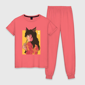 Женская пижама хлопок с принтом Cat Anime Girl в Курске, 100% хлопок | брюки и футболка прямого кроя, без карманов, на брюках мягкая резинка на поясе и по низу штанин | cute | fashion | japan | japanese | kanji | manga | neko | waifu | вайфу | девочка | девушка | иероглифы | кавай | кавайи | кавайная | кандзи | катакана | любовь | манга | милая | неко | нэко | нэкомусумэ | стиль | тренд | тренды