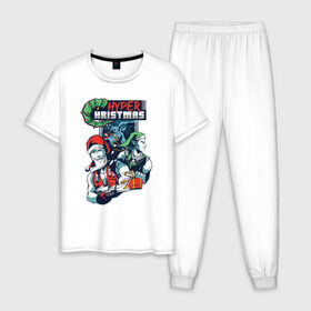 Мужская пижама хлопок с принтом Hyper Christmas в Курске, 100% хлопок | брюки и футболка прямого кроя, без карманов, на брюках мягкая резинка на поясе и по низу штанин
 | 