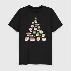 Мужская футболка хлопок Slim с принтом Новогодняя елка из суши в Курске, 92% хлопок, 8% лайкра | приталенный силуэт, круглый вырез ворота, длина до линии бедра, короткий рукав | Тематика изображения на принте: christmas | claus | new year | nigiri | santa | stars | sushi | tree | волшебство | дед мороз | дерево | ель | звезда | клаус | настроение | нигири | новогодняя | подарки | рождественская | рождественское | санта | сашими
