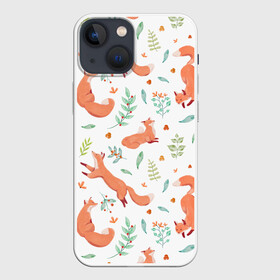 Чехол для iPhone 13 mini с принтом Акварельные лисички в Курске,  |  | art | autumn | cute | pattern | winter | акварель | арт | арты | бежит | живопись | животные | зима | иллюстрация | лиса | лисица | лисы | милая | нарисованная | осень | охотник | пастель | паттерн | прыгает | пушистая