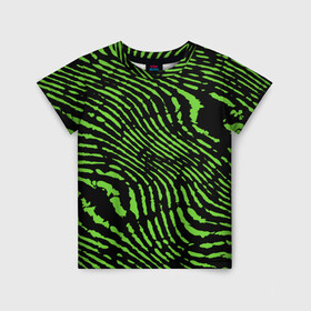 Детская футболка 3D с принтом Зебра в Курске, 100% гипоаллергенный полиэфир | прямой крой, круглый вырез горловины, длина до линии бедер, чуть спущенное плечо, ткань немного тянется | Тематика изображения на принте: green | green lines | green neon | green neon lines | green zebra | lines | zebra | в полоску | зебра | зеленая зебра | зелёные полосы | зелёный | зелёный неон | полоски | полосы