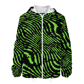 Мужская куртка 3D с принтом Зебра в Курске, ткань верха — 100% полиэстер, подклад — флис | прямой крой, подол и капюшон оформлены резинкой с фиксаторами, два кармана без застежек по бокам, один большой потайной карман на груди. Карман на груди застегивается на липучку | green | green lines | green neon | green neon lines | green zebra | lines | zebra | в полоску | зебра | зеленая зебра | зелёные полосы | зелёный | зелёный неон | полоски | полосы