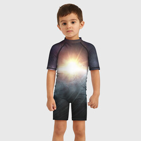 Детский купальный костюм 3D с принтом Космос в Курске, Полиэстер 85%, Спандекс 15% | застежка на молнии на спине | Тематика изображения на принте: астрономия | вихрь | вселенная | космос | лучи солнца | свет солнца | солнце